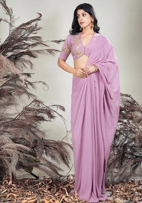 Mulberry Purple Hand Work Embroidered Chinon Pre Draped Saree Set