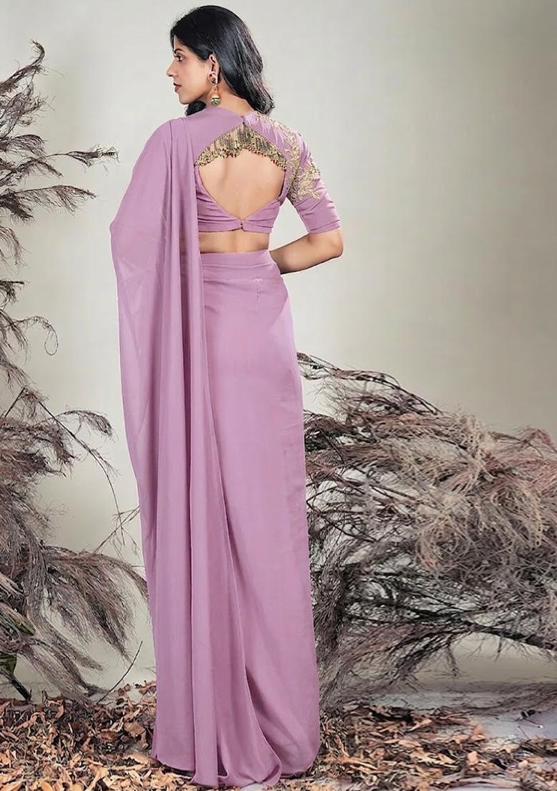 Mulberry Purple Hand Work Embroidered Chinon Pre Draped Saree Set - Indya