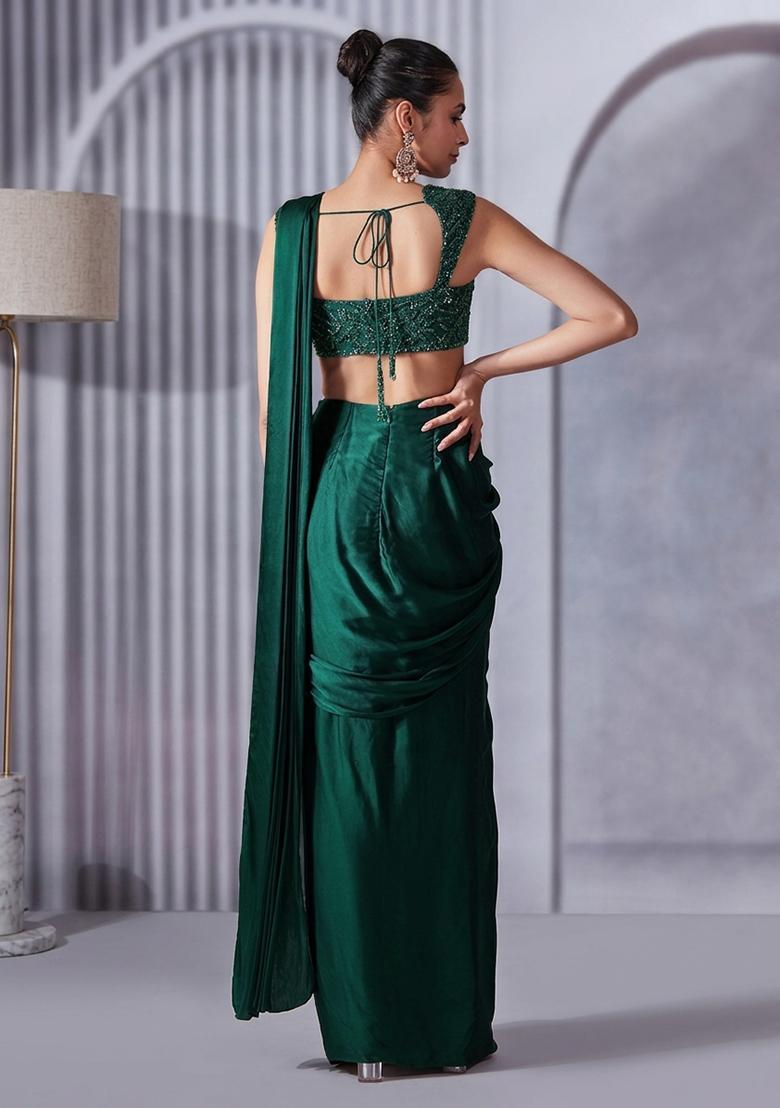 Emerald Green Hand Work Embellished Satin Pre Draped Saree Set - Indya