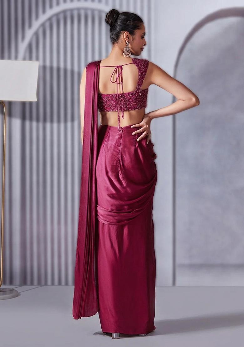 Rose Pink Hand Work Embellished Satin Pre Draped Saree Set - Indya