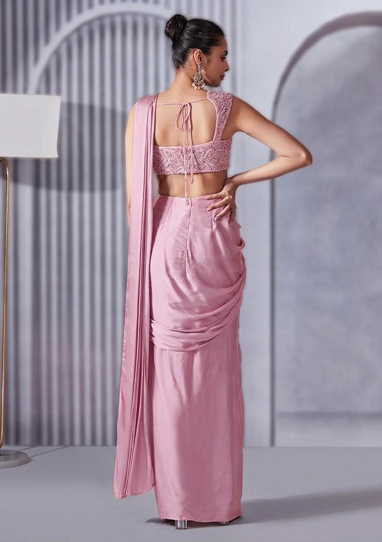 Soft Pink Hand Work Embellished Satin Pre Draped Saree Set - Indya