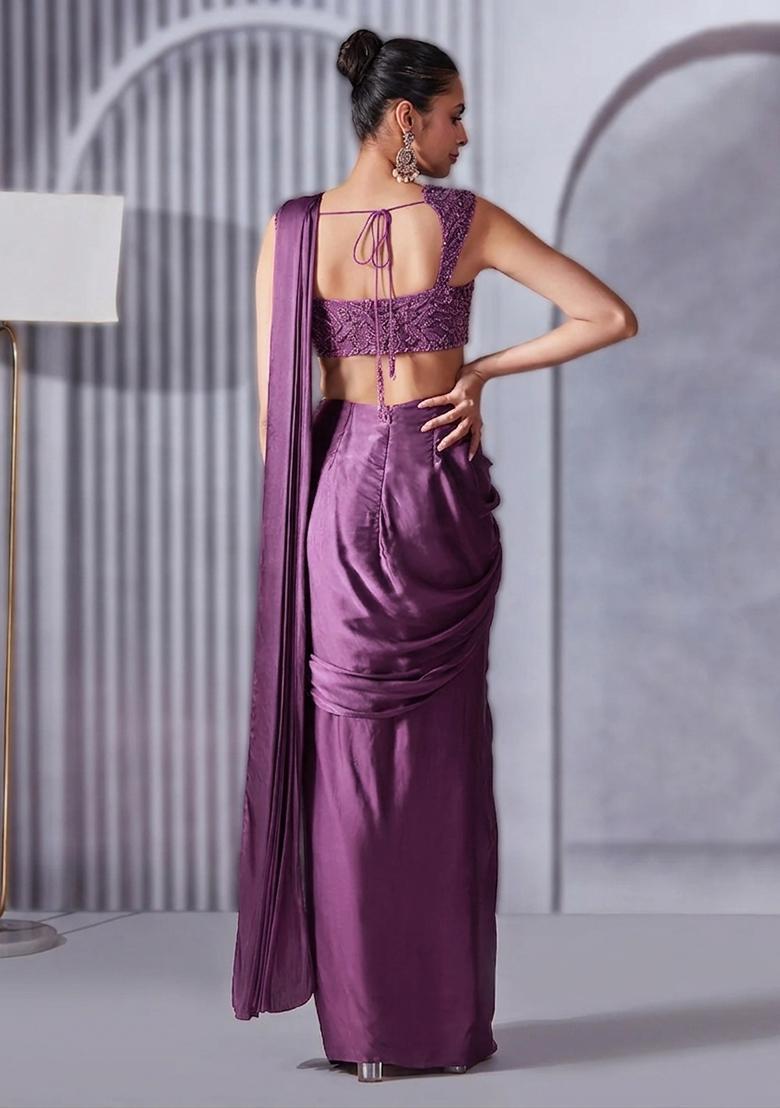 Soft Pink Hand Work Embellished Satin Pre Draped Saree Set - Indya