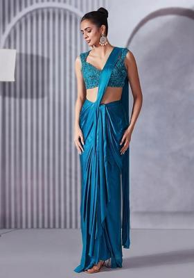 Deep Blue Hand Work Embellished Satin Pre Draped Saree Set