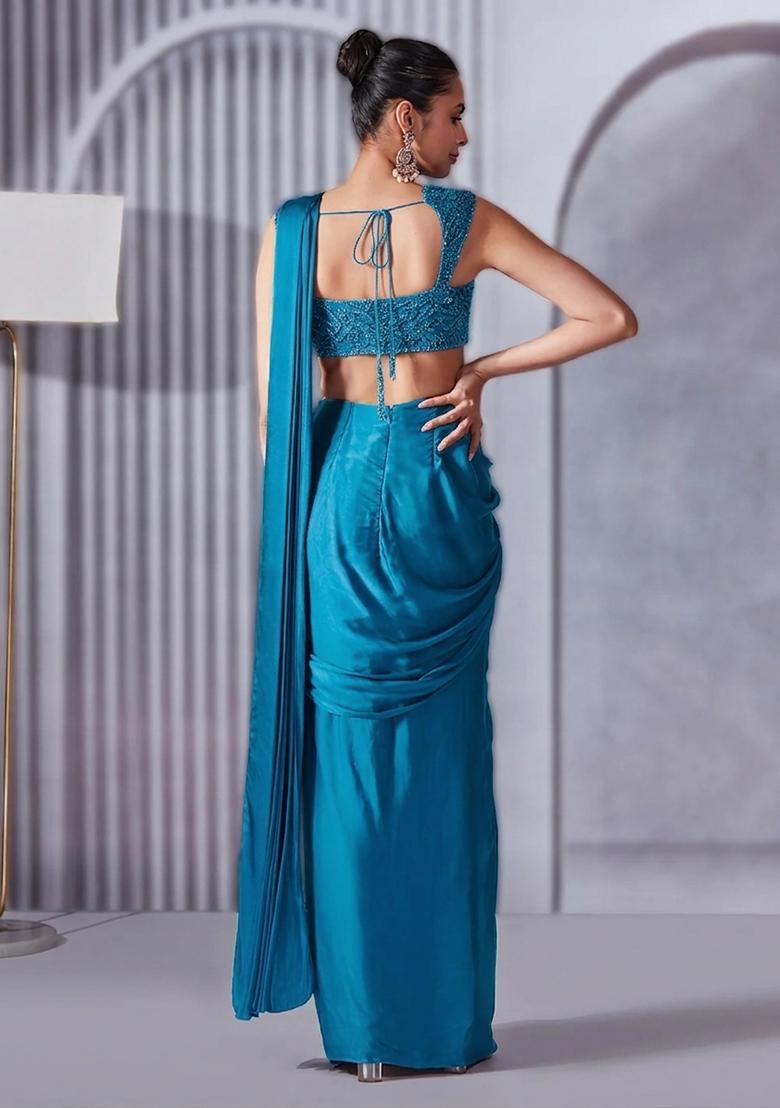 Deep Blue Hand Work Embellished Satin Pre Draped Saree Set - Indya