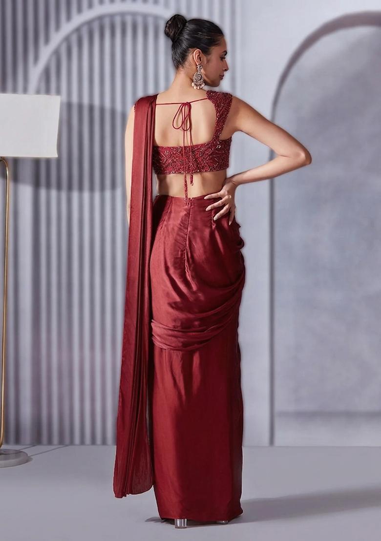 Deep Red Hand Work Embellished Satin Pre Draped Saree Set - Indya