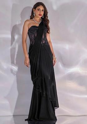 Black Hand Work Embellished Satin Pre Draped Saree Set