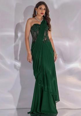 Light Green Hand Work Embellished Satin Pre Draped Saree Set