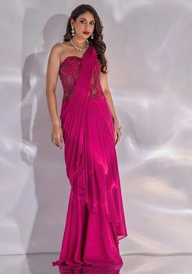 Soft Pink Hand Work Embellished Satin Pre Draped Saree Set