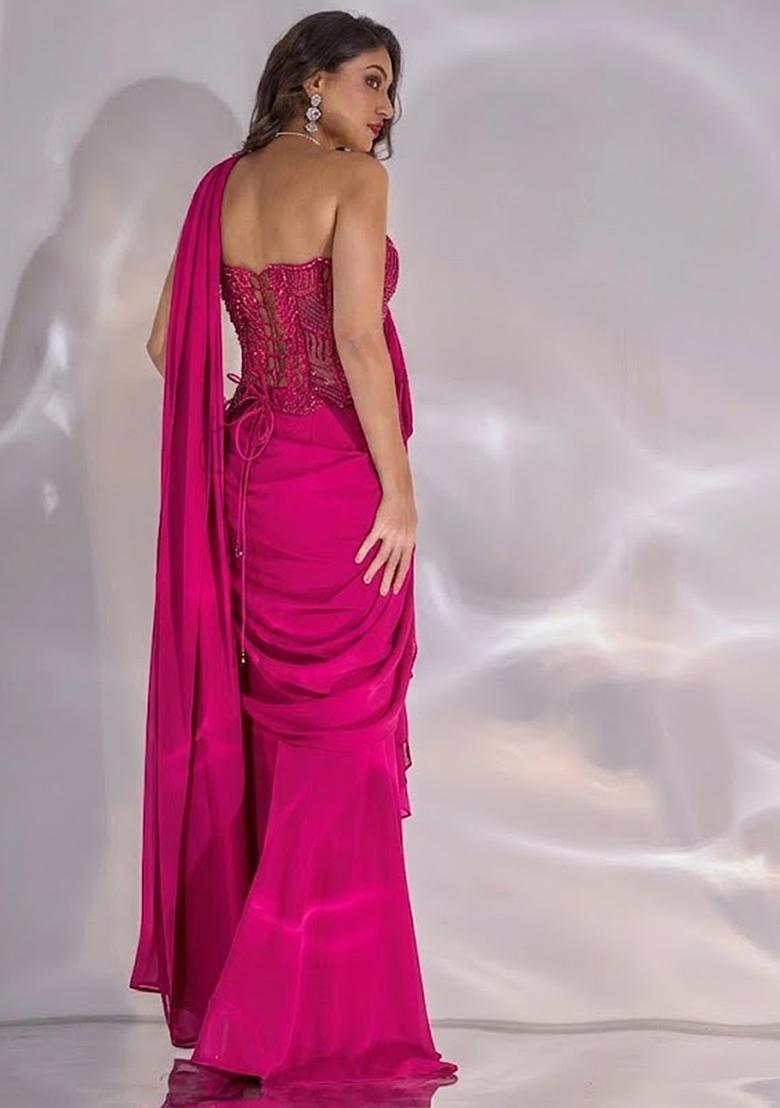 Soft Pink Hand Work Embellished Satin Pre Draped Saree Set - Indya