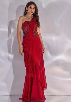 Deep Red Hand Work Embellished Satin Pre Draped Saree Set