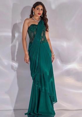 Teal Hand Work Embellished Satin Pre Draped Saree Set