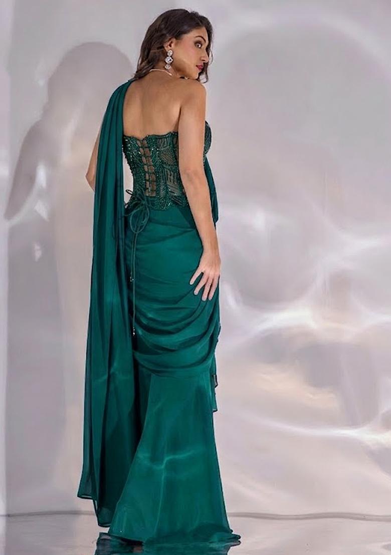 Teal Hand Work Embellished Satin Pre Draped Saree Set - Indya