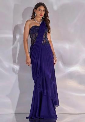 Violet Hand Work Embellished Satin Pre Draped Saree Set