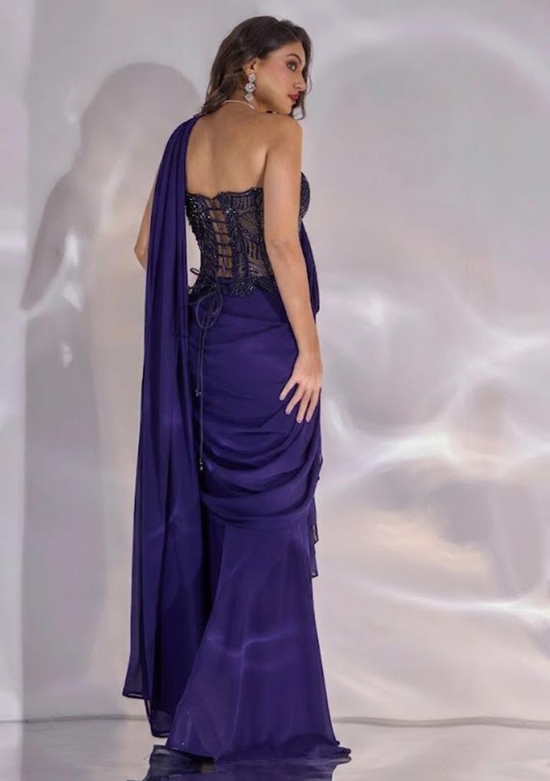 Violet Hand Work Embellished Satin Pre Draped Saree Set - Indya