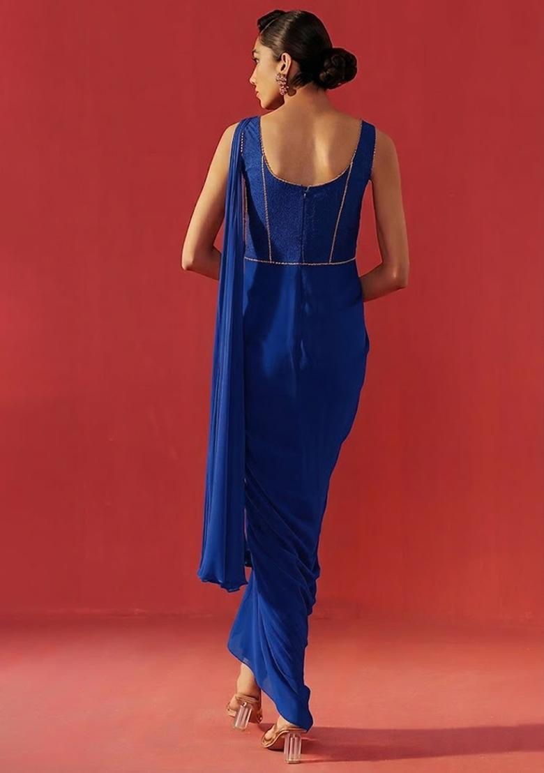 Deep Blue Hand Work Embroidered Georgette Pre Draped Saree Set - Indya