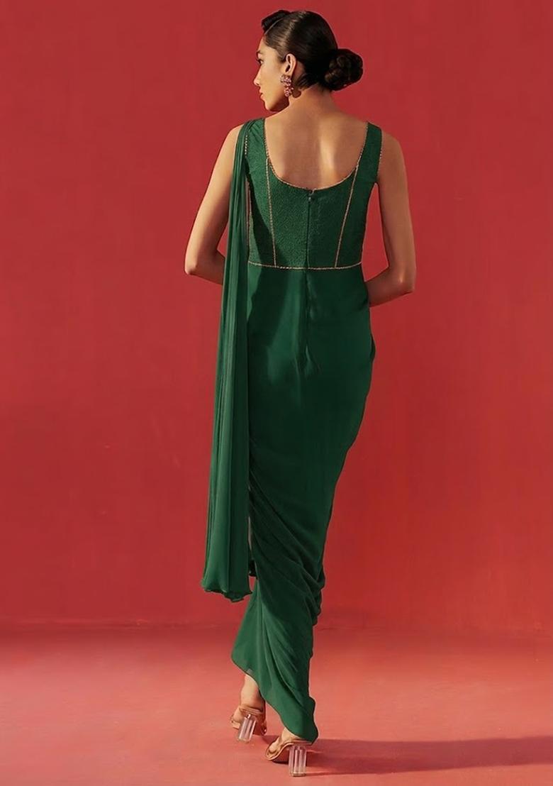 Light Green Hand Work Embroidered Georgette Pre Draped Saree Set - Indya