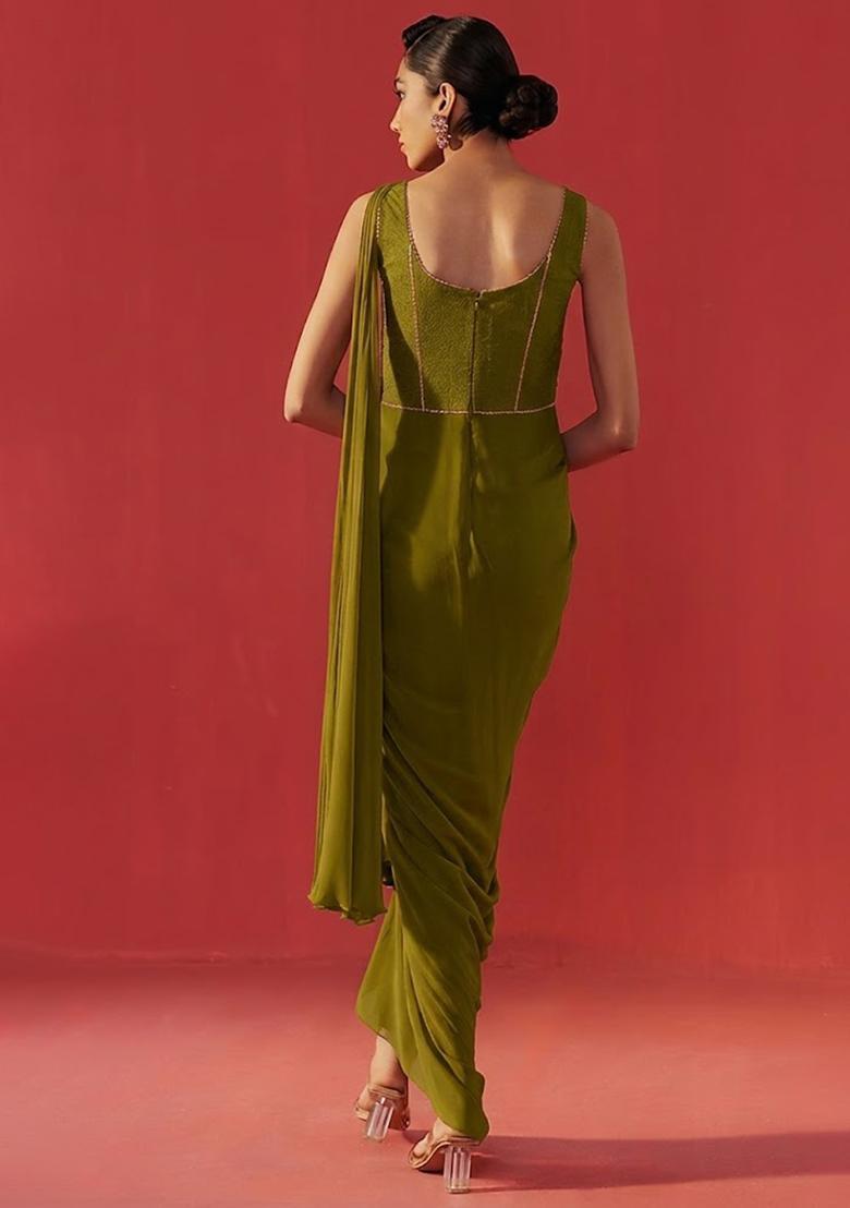 Olive Green Hand Work Embroidered Georgette Pre Draped Saree Set - Indya