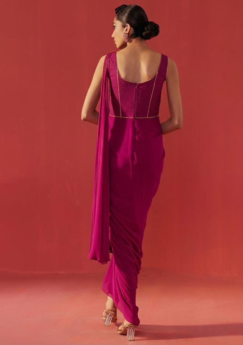 Soft Pink Hand Work Embroidered Georgette Pre Draped Saree Set - Indya