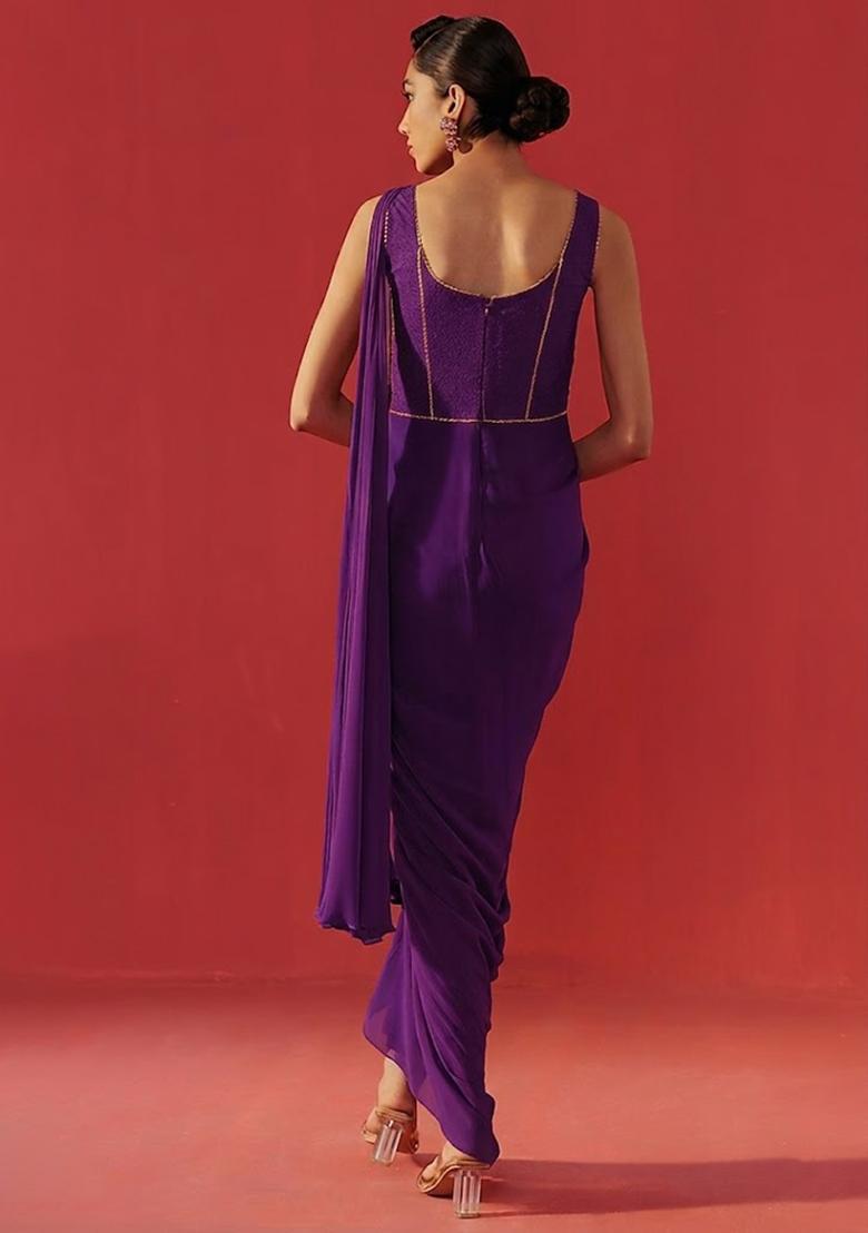 Violet Hand Work Embroidered Georgette Pre Draped Saree Set - Indya
