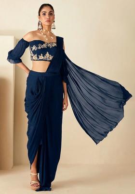 Deep Blue Hand Work Embellished Chinon Pre Draped Saree Set