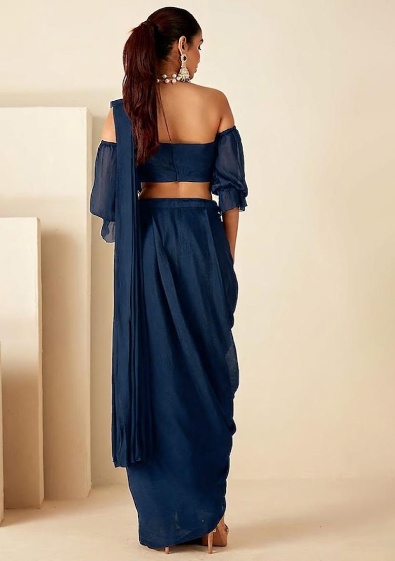 Deep Blue Hand Work Embellished Chinon Pre Draped Saree Set - Indya