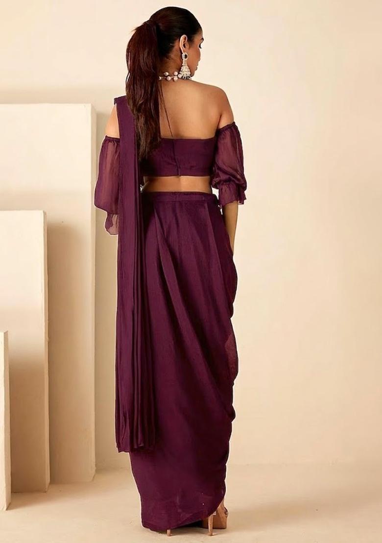 Mauve Hand Work Embellished Chinon Pre Draped Saree Set - Indya