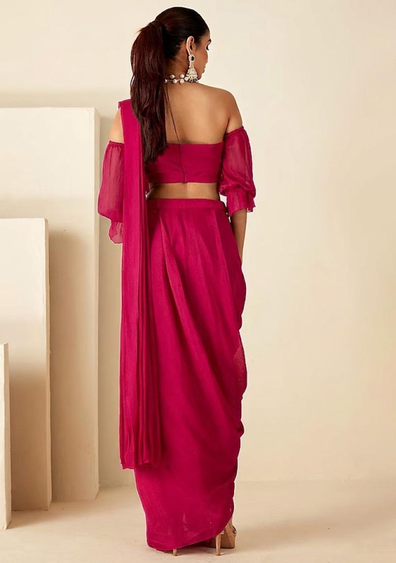 Soft Pink Hand Work Embellished Chinon Pre Draped Saree Set - Indya