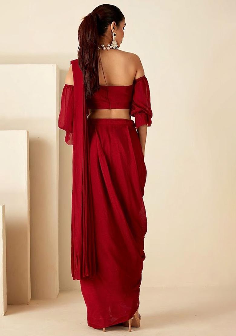 Deep Red Hand Work Embellished Chinon Pre Draped Saree Set - Indya