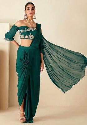 Teal Hand Work Embellished Chinon Pre Draped Saree Set