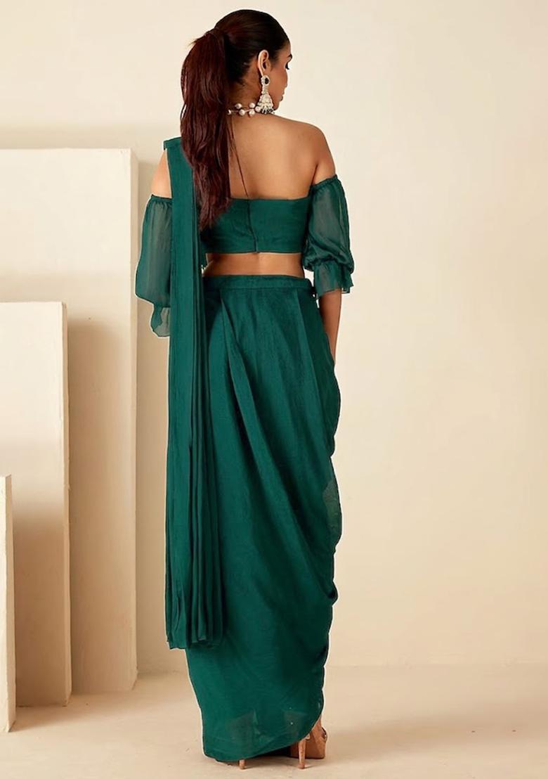 Teal Hand Work Embellished Chinon Pre Draped Saree Set - Indya