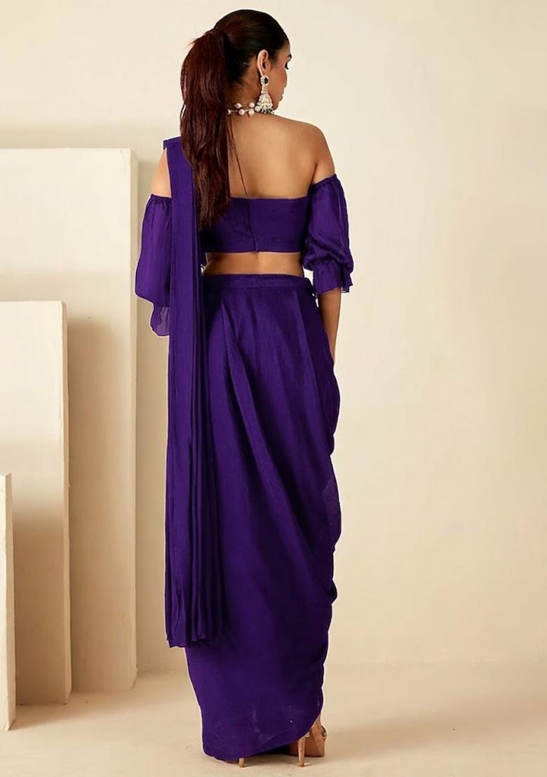 Violet Hand Work Embellished Chinon Pre Draped Saree Set - Indya