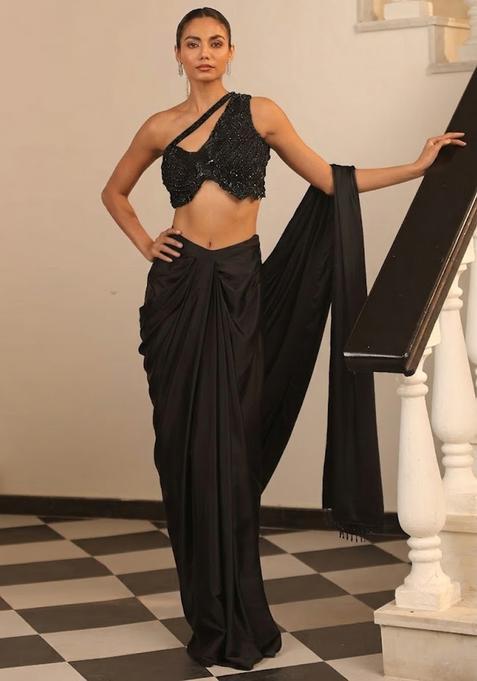 Black Hand Work Embellished Satin Pre Draped Saree Set