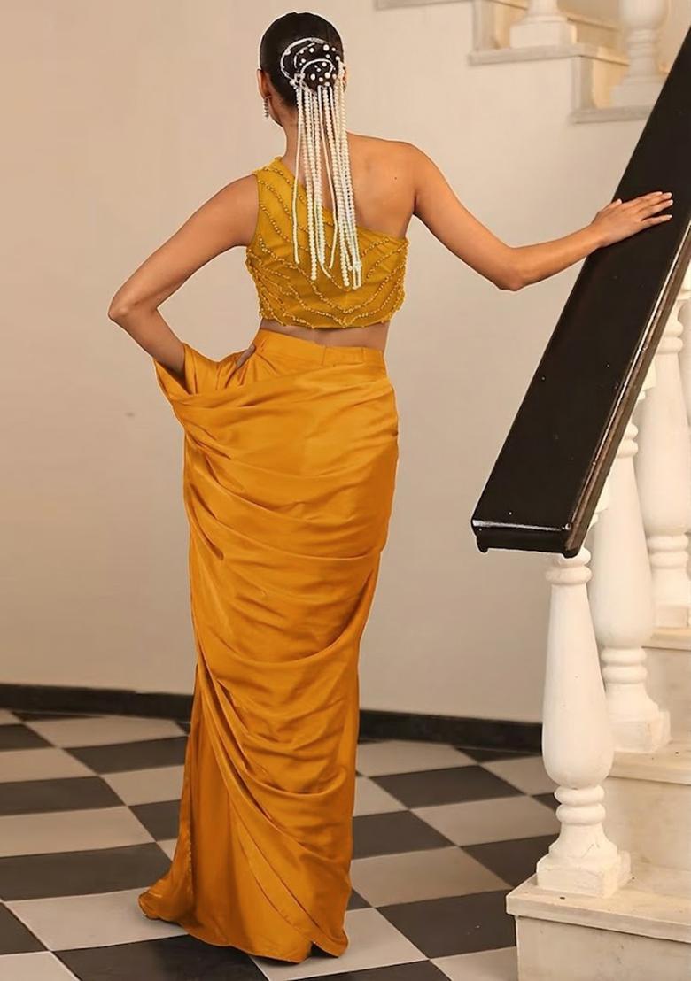 Bright Yellow Hand Work Embellished Satin Pre Draped Saree Set - Indya