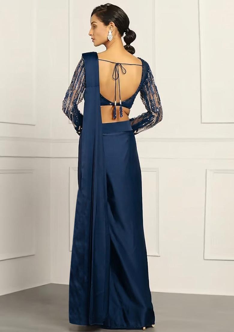 Deep Blue Hand Work Embellished Net Pre Draped Saree Set - Indya