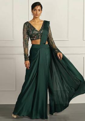 Light Green Hand Work Embellished Net Pre Draped Saree Set