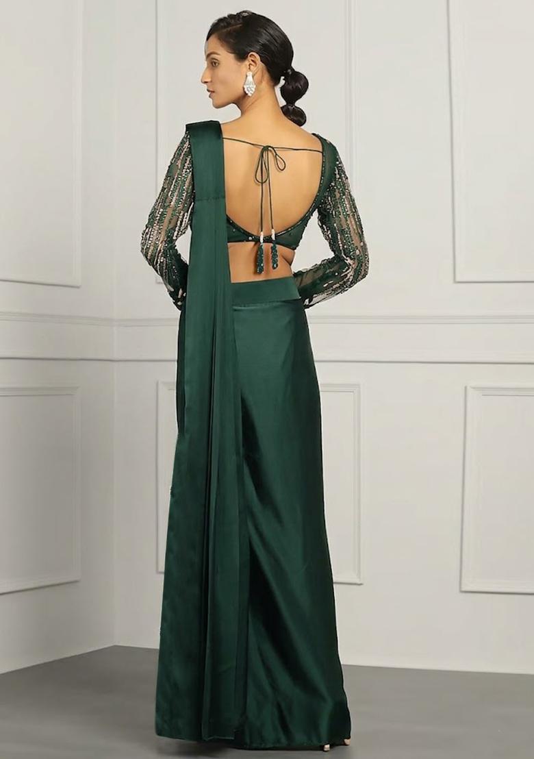 Light Green Hand Work Embellished Net Pre Draped Saree Set - Indya