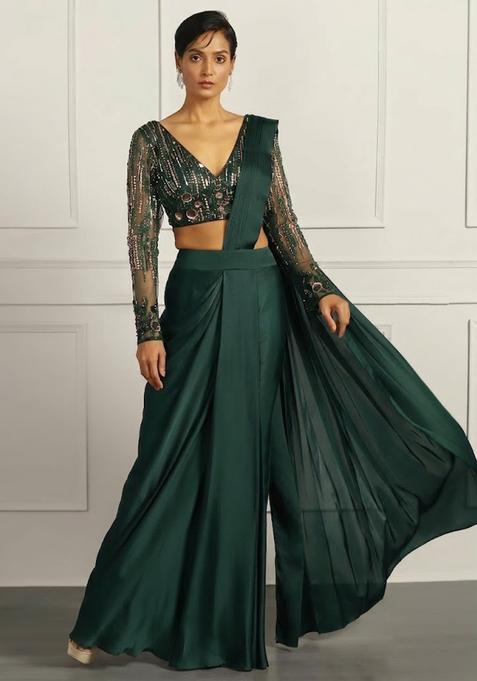 Light Green Hand Work Embellished Net Pre Draped Saree Set
