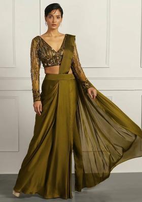 Olive Green Hand Work Embellished Net Pre Draped Saree Set