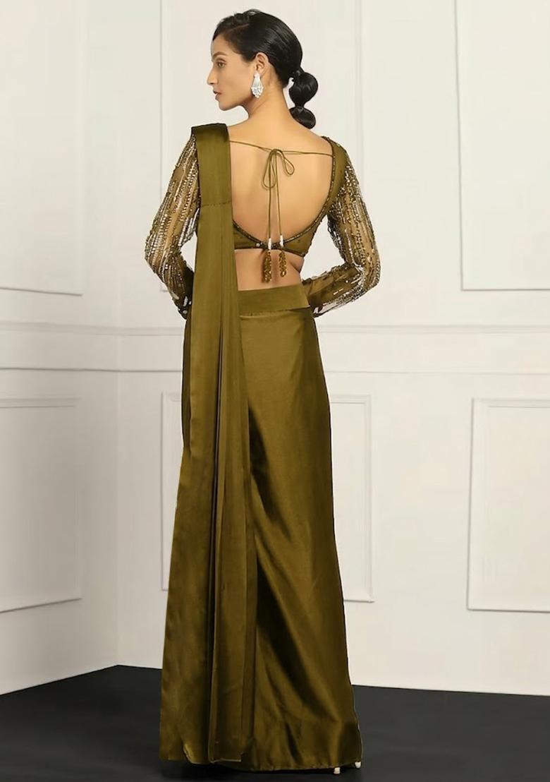Olive Green Hand Work Embellished Net Pre Draped Saree Set - Indya