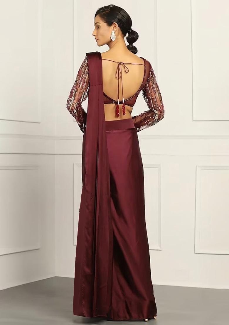 Deep Red Hand Work Embellished Net Pre Draped Saree Set - Indya