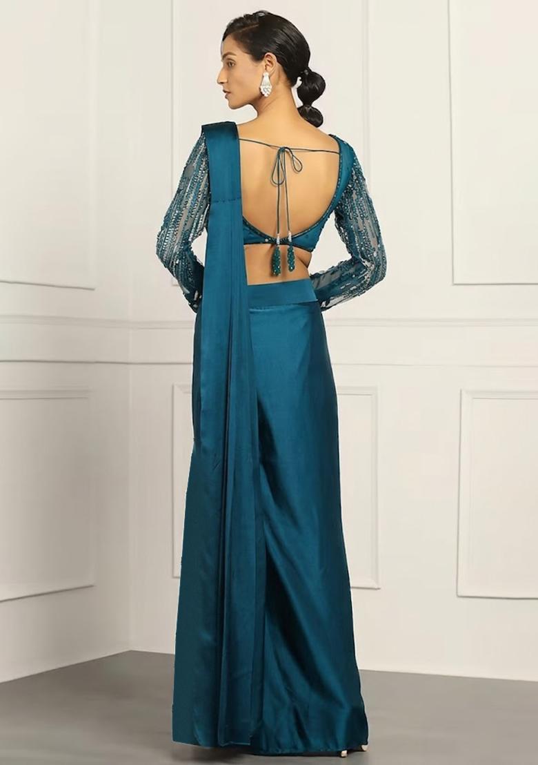 Teal Hand Work Embellished Net Pre Draped Saree Set - Indya
