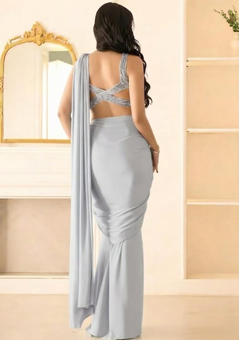 Grey Hand Work Sequin Georgette Pre Draped Saree Set - Indya