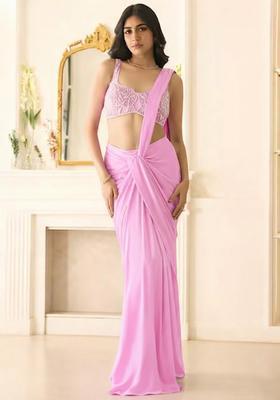 Soft Pink Hand Work Sequin Georgette Pre Draped Saree Set