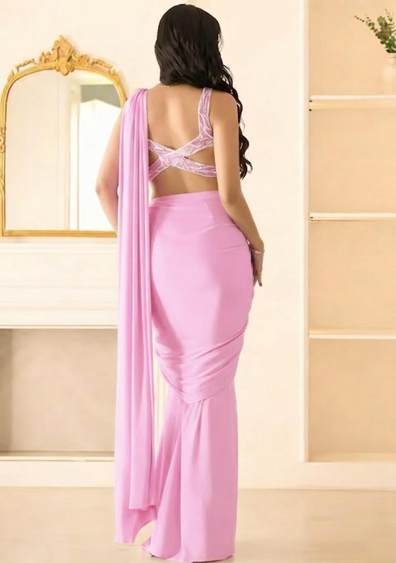 Soft Pink Hand Work Sequin Georgette Pre Draped Saree Set - Indya
