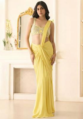 Bright Yellow Hand Work Sequin Georgette Pre Draped Saree Set