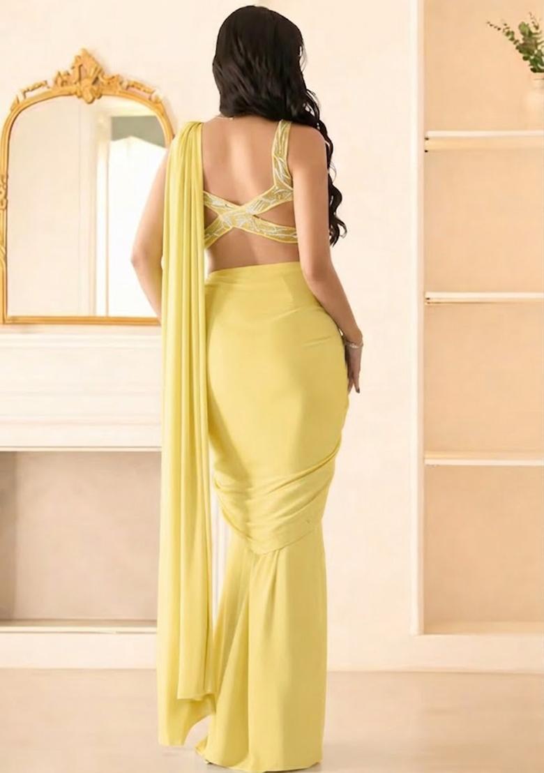 Bright Yellow Hand Work Sequin Georgette Pre Draped Saree Set - Indya