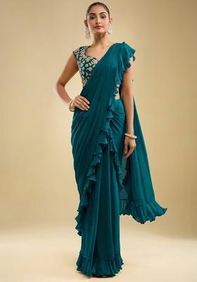 Teal Hand Work Embroidered Georgette Pre Draped Saree Set