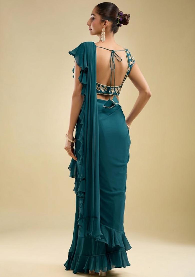 Teal Hand Work Embroidered Georgette Pre Draped Saree Set - Indya