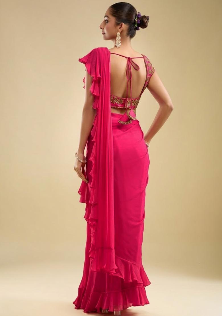 Soft Pink Hand Work Embroidered Georgette Pre Draped Saree Set - Indya