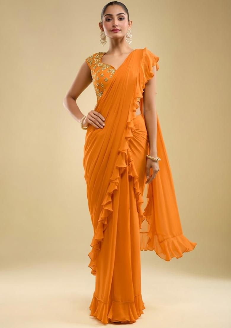 Rust Orange Hand Work Embroidered Georgette Pre Draped Saree Set - Indya